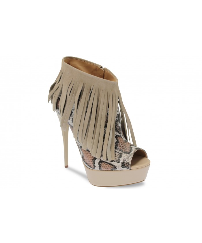 Bottine Inda : Cuir Python beige & marron Ajouré à Franges
