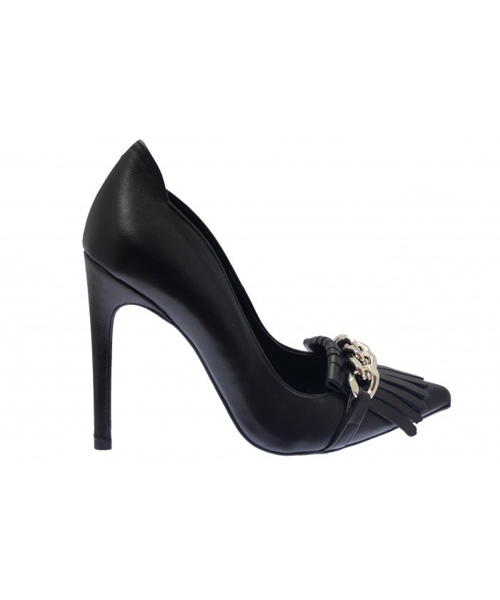 Escarpin Anne: Cuir Noir Chaine argent & Frange à talon 