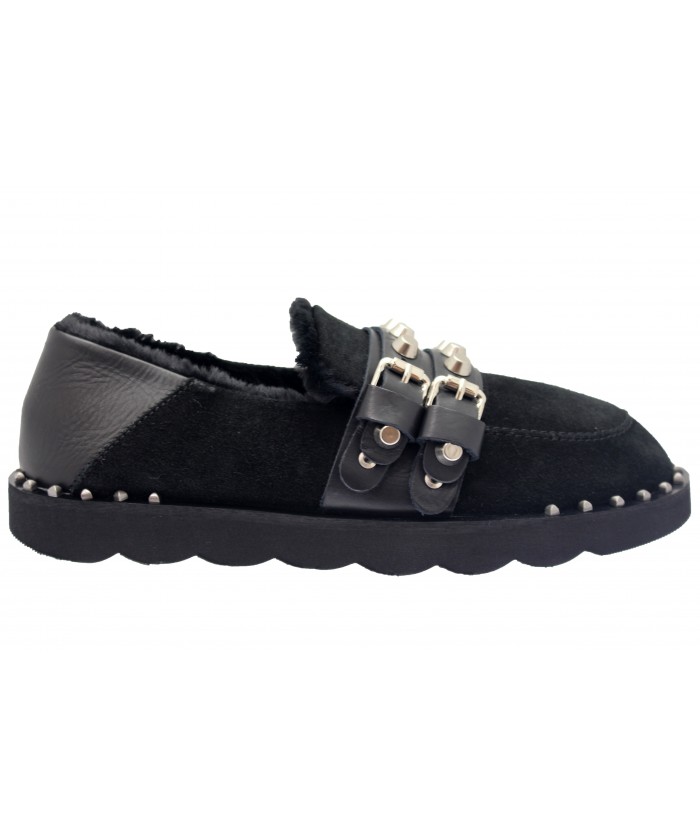 Mocassin Mimo: Cuir Noir Fourrées à ceinture cloutée