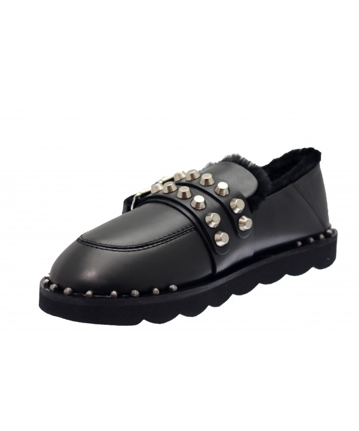 Mocassin Bérénice: Cuir Noir Fourrées à ceinture cloutée