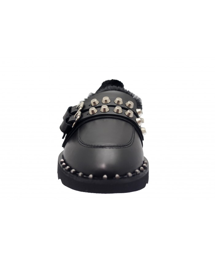 Mocassin Bérénice: Cuir Noir Fourrées à ceinture cloutée