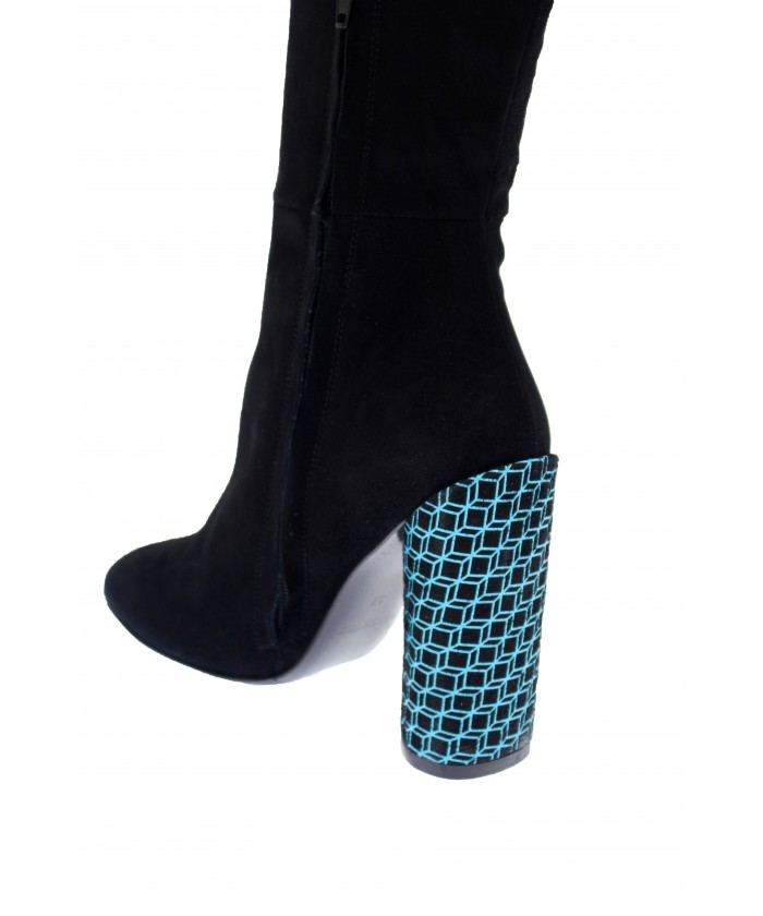 Cuissarde Camille: Daim Noir à Talon Carré