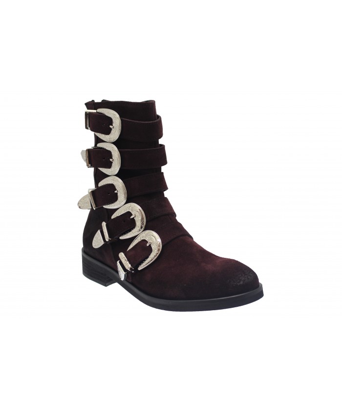 Boots Hagar : Daim Bordeaux Multi Sangle & Boucle Métal Argenté