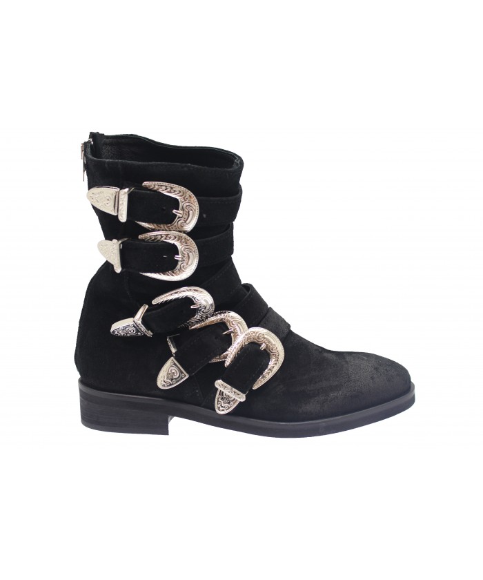 Boots Hagar : Daim Noir Multi Sangle & Boucle Métal Argenté