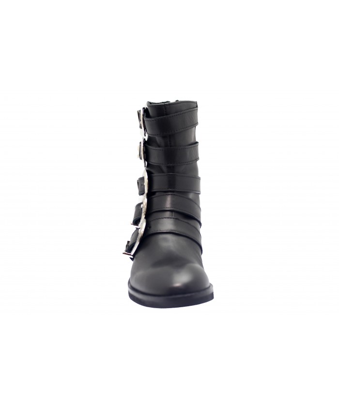 Boots Hagar : Cuir Noir Multi Sangle & Boucle Métal Argenté