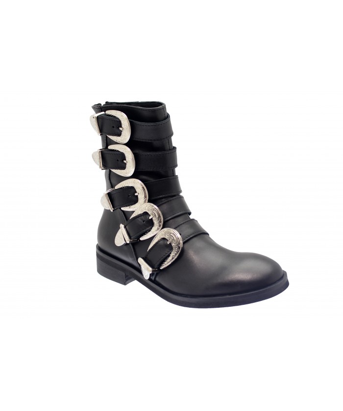 Boots Hagar : Cuir Noir Multi Sangle & Boucle Métal Argenté