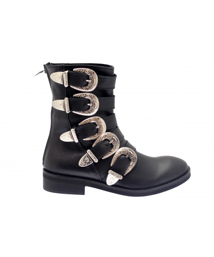 Boots Hagar : Cuir Noir Multi Sangle & Boucle Métal Argenté