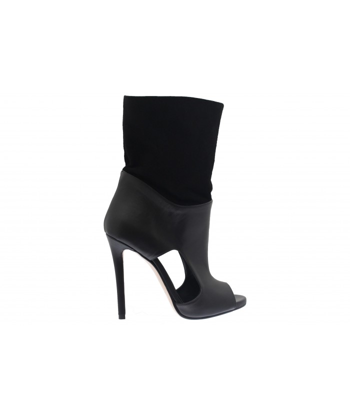 Bottine Tribal: Cuir & Daim Noir à talon aiguille