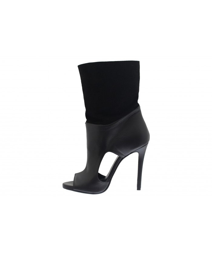 Bottine Tribal: Cuir & Daim Noir à talon aiguille