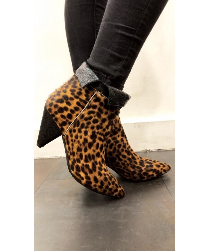 Jessy bottine: Poulain Leopard & cuir brillance noir à talon bizoté