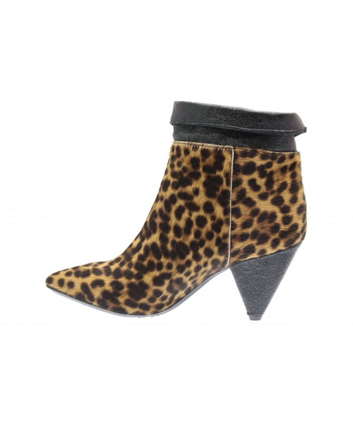 Jessy bottine: Poulain Leopard & cuir brillance noir à talon bizoté