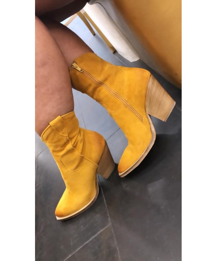 Chloe Bottine Tiag Cuir daime Jaune a talon biseaute