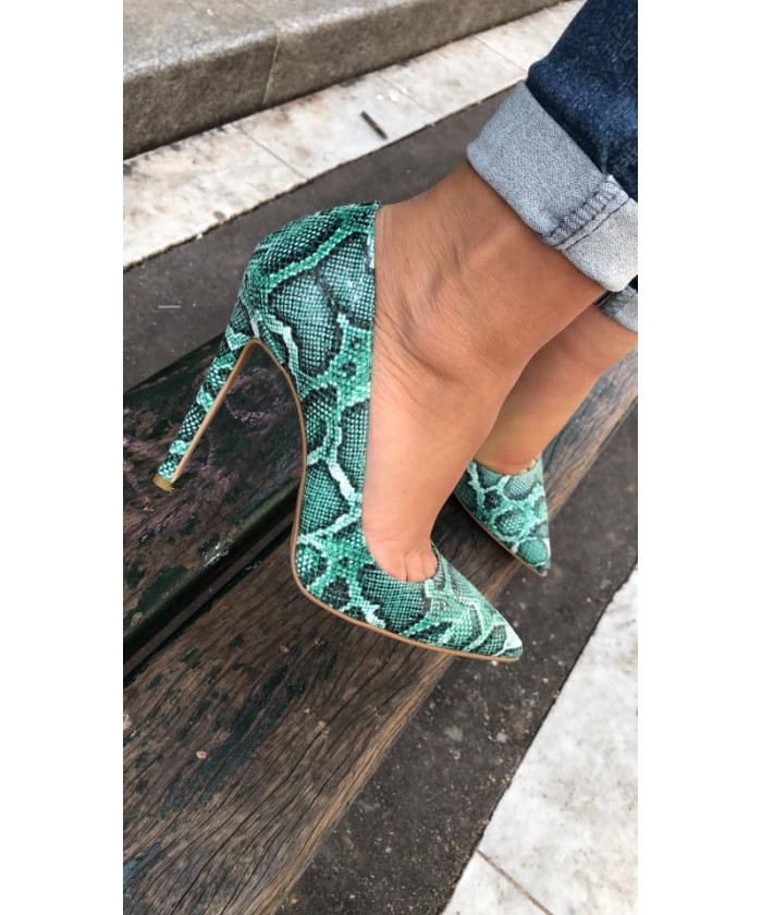 Escarpin Julietta: Effte Python Vernis Vert à talon fin