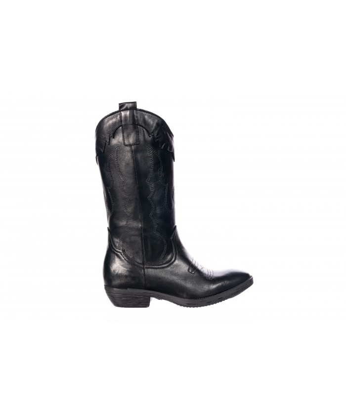 Botte Santiag Zaya Cuir Noir Surpiqu Petit Talon