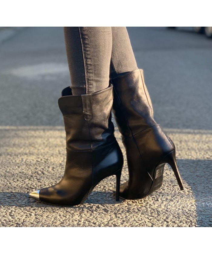 Flora Bottine Cuir Noir Bout M tallique