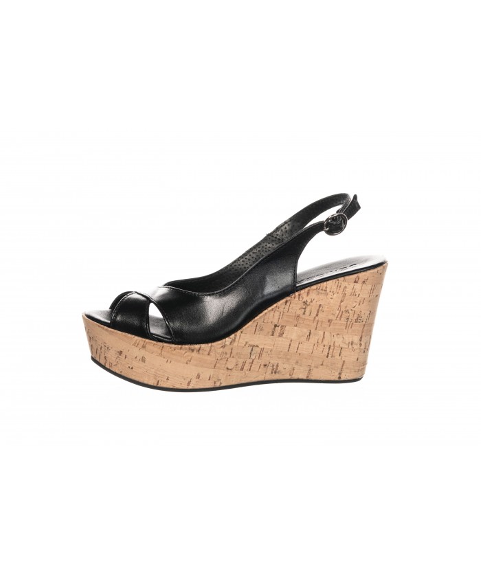 SANDALE COMPENSEE CUIR NOIR TALON LIEGE