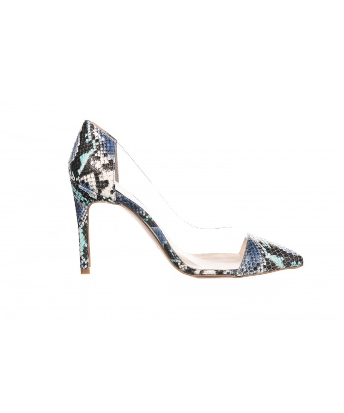 escarpin a talon cuir python bleu & plexi