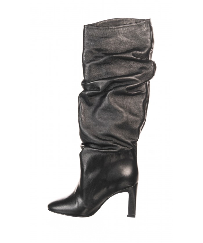 Bottes Plissé Cuir Noir à Talon Rectangle