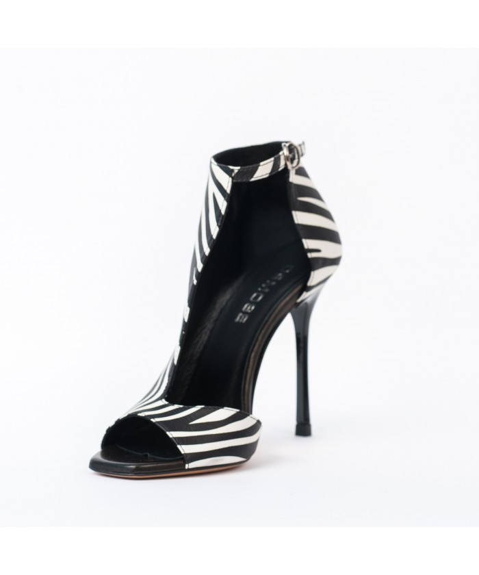 Bottine Sandale Zebra : Cuir Zebré Blanc & Noir à Talon Aiguille
