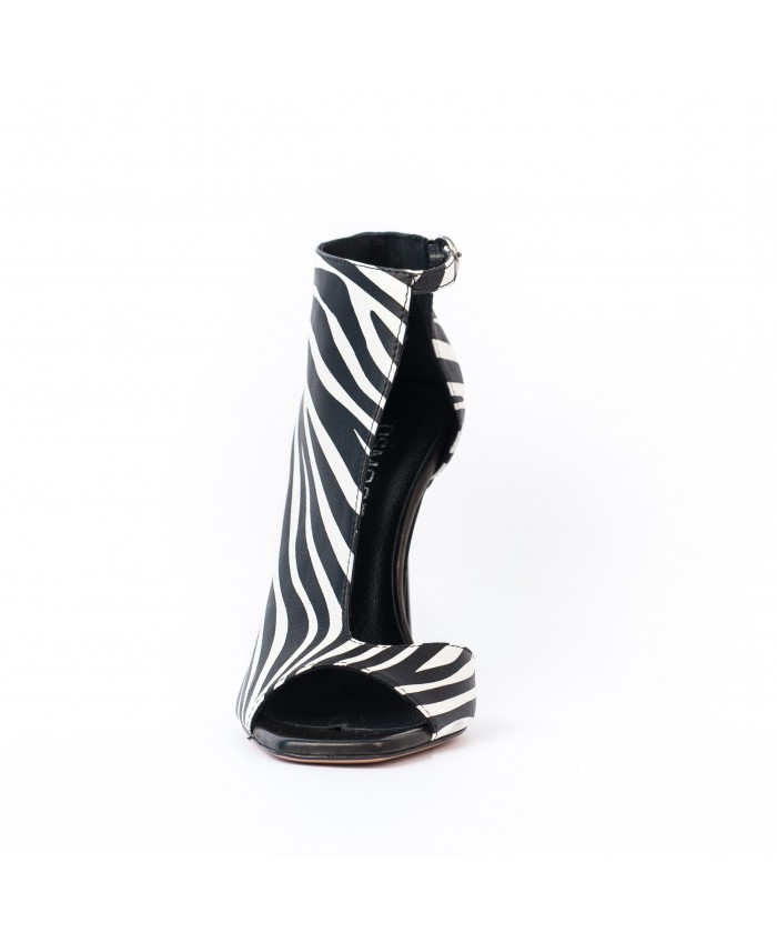 Bottine Sandale Zebra : Cuir Zebré Blanc & Noir à Talon Aiguille