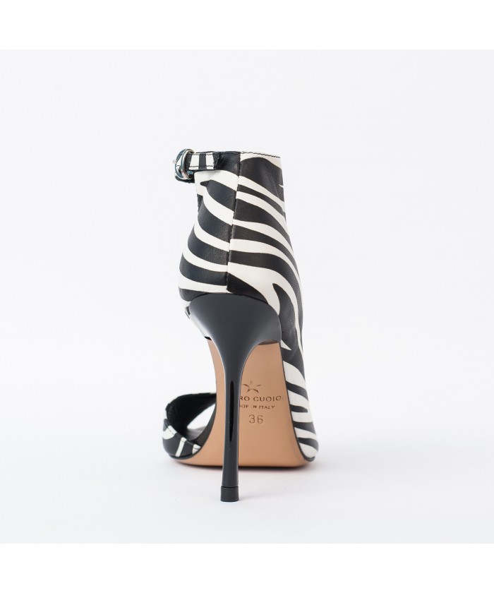 Bottine Sandale Zebra : Cuir Zebré Blanc & Noir à Talon Aiguille