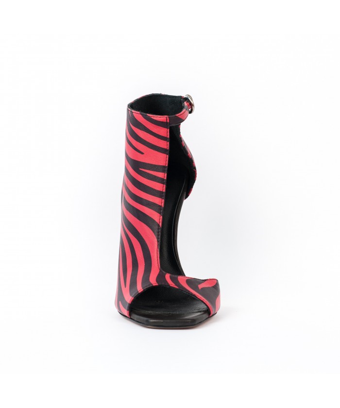 Bottine Sandale Zebra : Cuir Zébré Noir & Corail