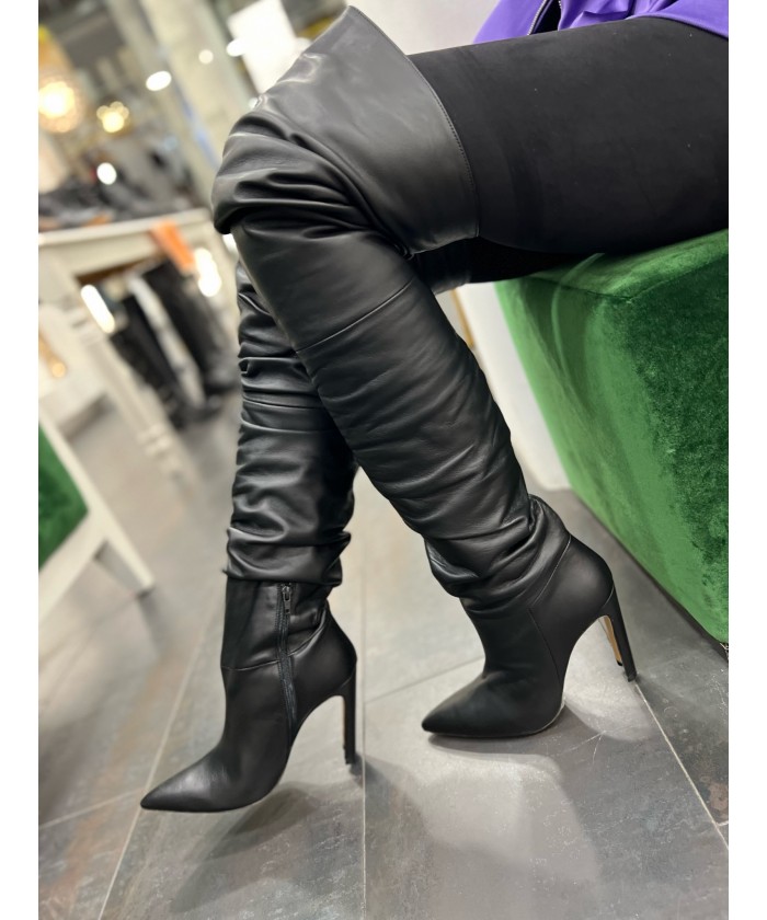 Cuissarde Pretty cuir noir talon carre