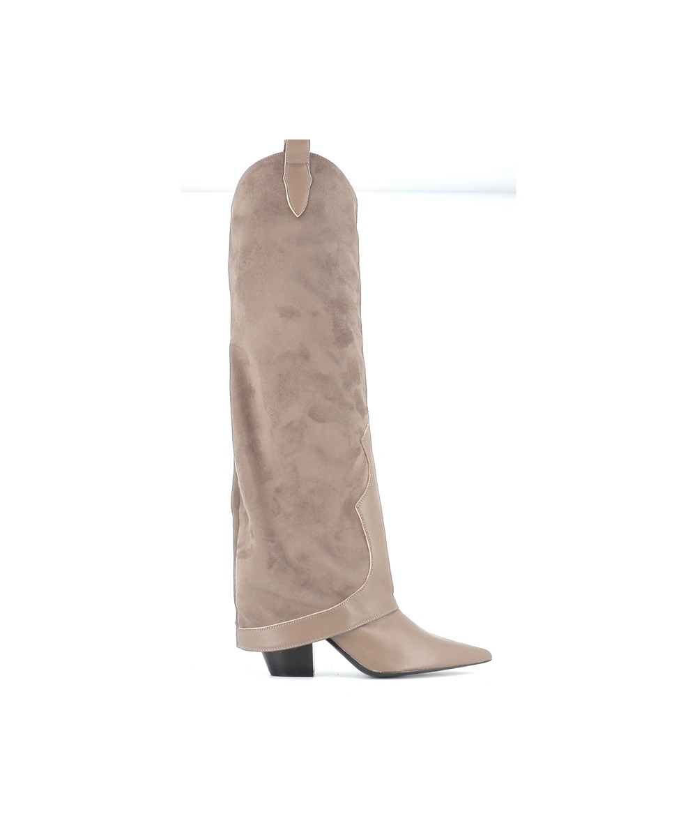 Botte Cloe : Cuir & Daim TAUPE à talon biseauté